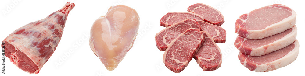Raw cuts of lamb, chicken, beef and pork.