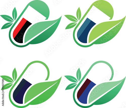 Minimalist Medical Branding Logo with a Capsule and Green Leaves Signifying Herbal and Natural Medicine