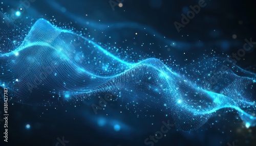 A cool, calming blue digital background with glowing, wave-like patterns and radiant particles of light scattered throughout the design