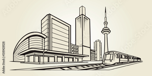 Sketch of a modern city skyline with buildings and skyscrapers with a metro rail