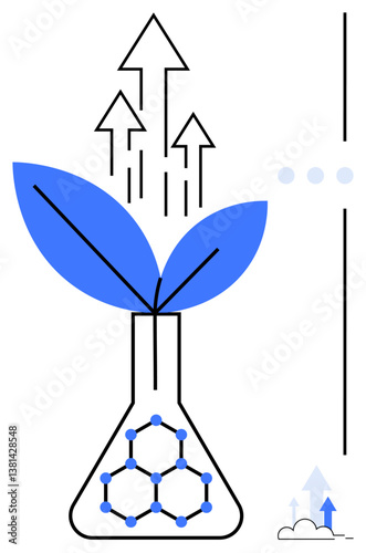 Chemical flask with blue leaves growing and arrows symbolizing progress, innovation, and sustainability. Ideal for science, research, growth, environment, eco-tech, biotechnology renewable energy