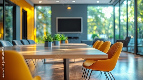 Conference Room With a Modern Design Illuminated by Bright Lights During the Day