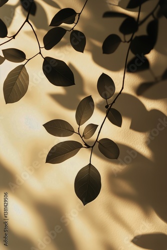 Green Leaves Casting Shadows on a Yellow Wall During Daylight in an Indoor Se...