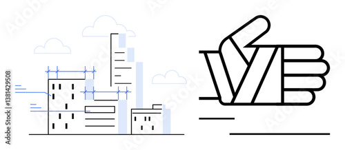 Sketched urban buildings with blueprints meet a bold thumbs-up sign symbolizing approval. Ideal for construction projects, urban planning, architecture, teamwork, trust, design validation, growth
