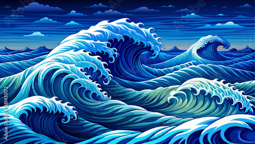 wavy ocean swells in deep endless blue waters, sea landscape