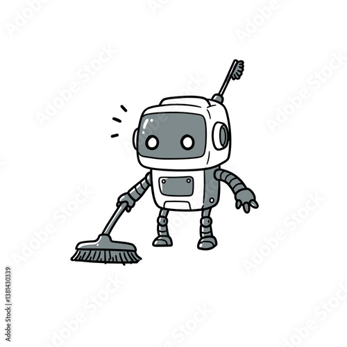 Robot character cleaning with a broom in a playful style  