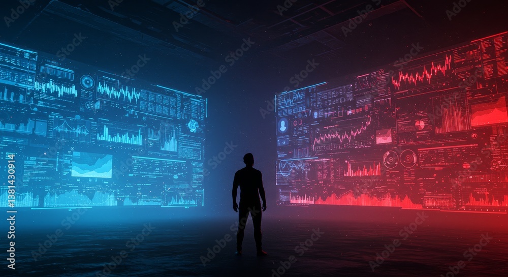 Man Contemplating Data Streams - A lone figure stands before massive screens displaying complex data streams, symbolizing analysis, decision-making, technology, future, and information overload Man Contemplating Data Streams - A lone figure stands before massive screens displaying complex data streams, symbolizing analysis, decision-making, technology, future, and information overload