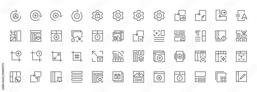Interface and layout icon set. UI/UX basic outline icons collection. User interface, essential, interface components, setting, canvas, generate and more. Editable stroke. Pixel perfect. Interface and layout icon set. UI/UX basic outline icons collection. User interface, essential, interface components, setting, canvas, generate and more. Editable stroke. Pixel perfect.