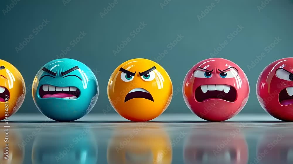 Angry Emojis in a Row:  A 3D Rendering of Frustrated Expressions