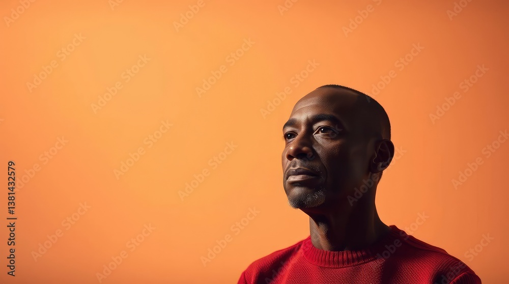 Obraz premium Thoughtful Man Looking Up with Red Sweater Against Orange Background