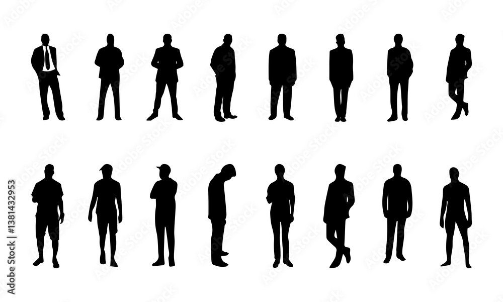 silhouette of 1 man, Vector silhouettes of men 
 a group of standing business people, black color isolated on white background, collection of different silhouette male body posing .