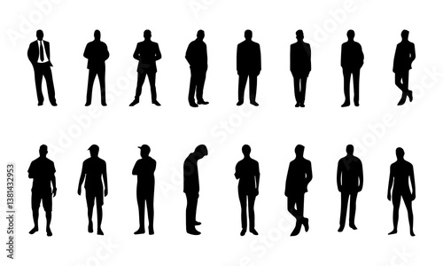 silhouette of 1 man, Vector silhouettes of men 
 a group of standing business people, black color isolated on white background, collection of different silhouette male body posing .