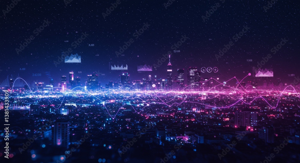 Obraz premium Night Cityscape Data Visualization - Futuristic cityscape at night, illuminated with dynamic data visualizations, symbolizing technology, progress, innovation, connection, and growth