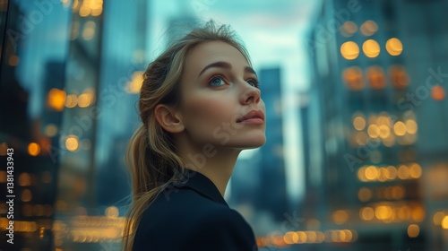 Woman Gazes Thoughtfully at Sunset Over City Skyline With Warm Colors and Sof...