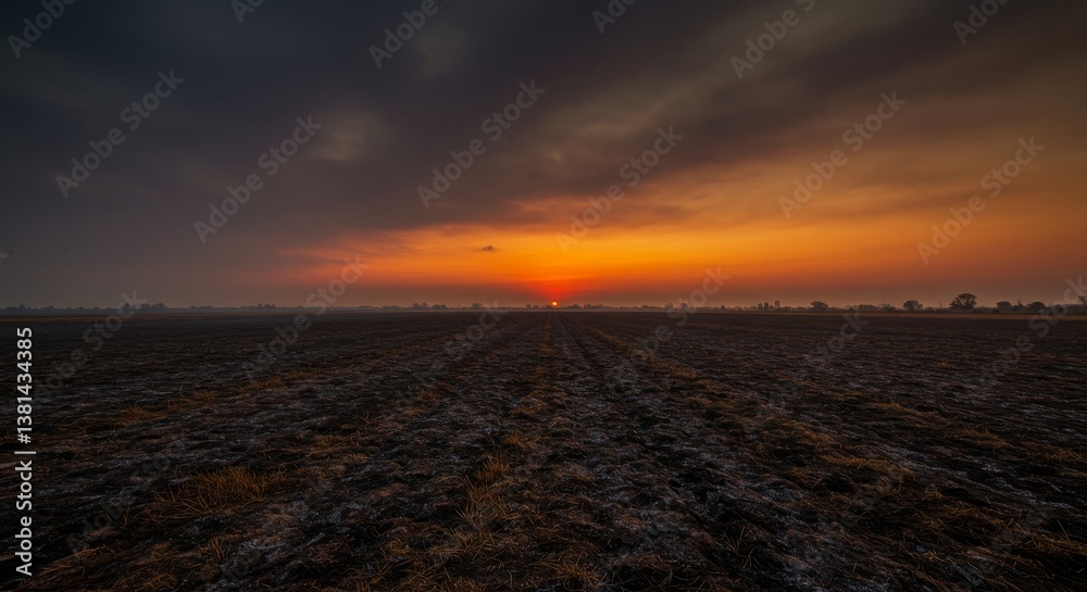 Fototapeta premium Singed Field Sunset - A vast, dark field stretches to a smoky horizon, where a bright orange sunset glows. The symbolizes vastness, hope, resilience, the passage of time, and renewal
