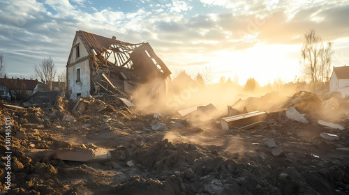 Urban earthquake aftermath dust clouds rise fractured ground toppled buildings dramatic morning light shines. Fractured Void. Illustration