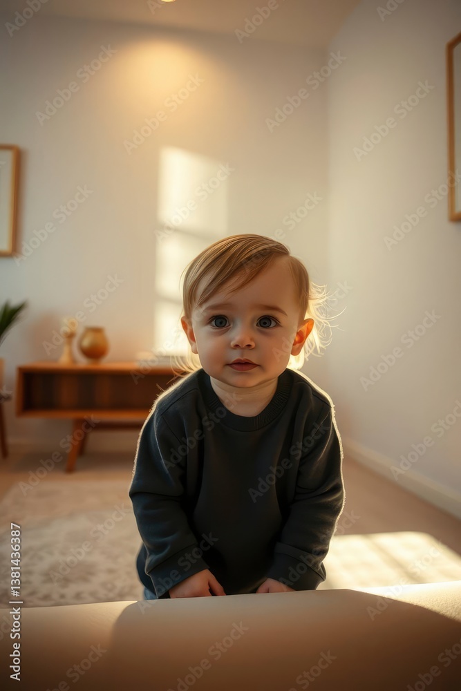 Baby Boy Standing Indoors Looking at Camera in Cozy Modern Home Baby Boy Standing Indoors Looking at Camera in Cozy Modern Home