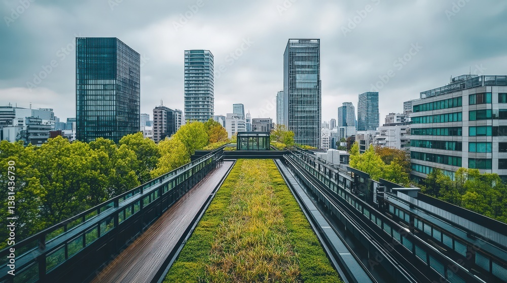 Fototapeta premium Lush Green Rooftop Garden Overlooking Modern Cityscape with Skyscrapers Under a Dramatic Cloudy Sky