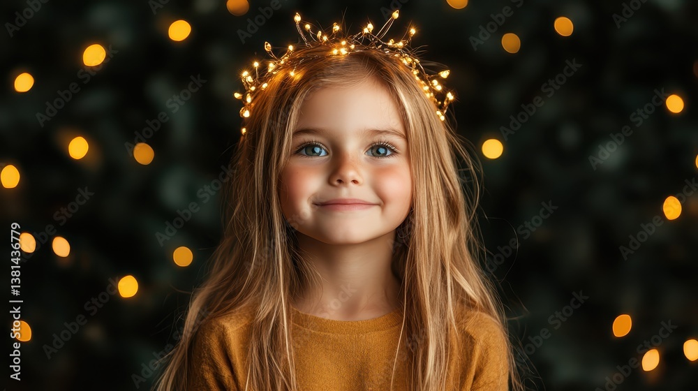 A joyous young girl smiles while adorned with fairy lights, capturing the essence of innocence and happiness, creating a magical atmosphere amidst twinkling bokeh lights. A joyous young girl smiles while adorned with fairy lights, capturing the essence of innocence and happiness, creating a magical atmosphere amidst twinkling bokeh lights.
