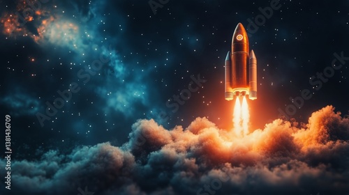 Rocket Launching Into the Night Sky With Bright Flames and Sparks Illuminatin...