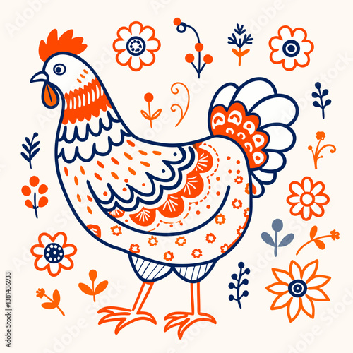 Colorful Outline Illustration of a Chicken