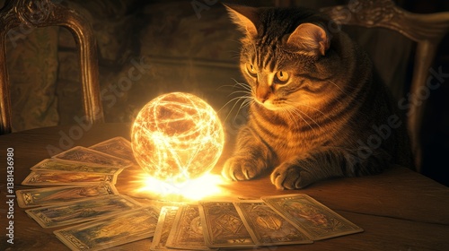 A dark, starry background served as the setting for a table where a cat perched alongside a glowing crystal ball, surrounded by an array of tarot cards and mystical decorations that fostered a