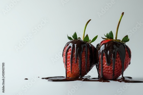 Fresh strawberries coated in rich chocolate sauce, set on a minimalist background with drips