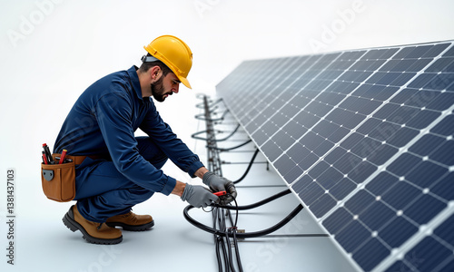 Technician Working Solar Panel Installation Energy System