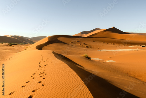 Fototapeta Naklejka Na Ścianę i Meble -  Orange sand dunes with footprints and clear sky in Namib desert at Namib-Naukluft National Park of Namibia, Africa. Landscape photography