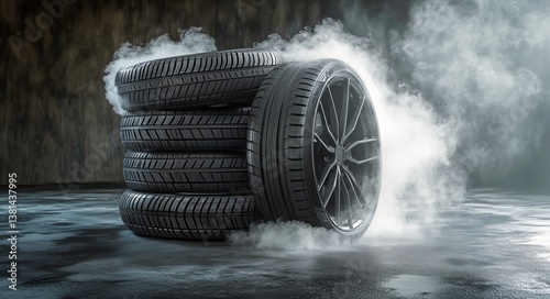 Tires Stacked With Smoke Effects in a Dramatic Display