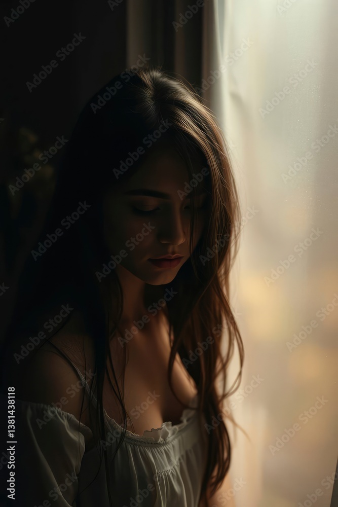 Woman Looking Down Near Window with Thoughtful Expression in Soft Light Woman Looking Down Near Window with Thoughtful Expression in Soft Light