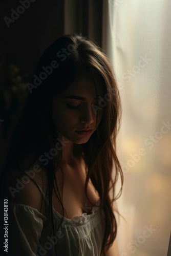 Woman Looking Down Near Window with Thoughtful Expression in Soft Light