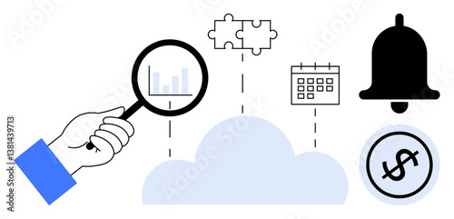 Hand using magnifying glass to analyze data above cloud, puzzle pieces, calendar, notification bell, and dollar. Ideal for analytics, planning, cloud technology, alerts finance problem-solving