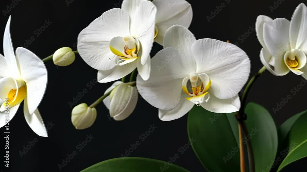 Elegant white orchids bloom gracefully against a dark backdrop in a serene indoor setting