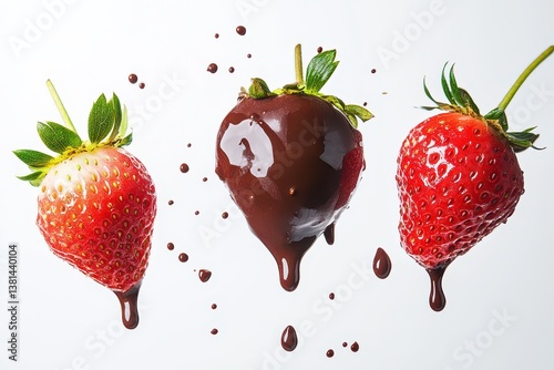 Fresh strawberries dipped in rich chocolate, splashes of chocolate in a clean background