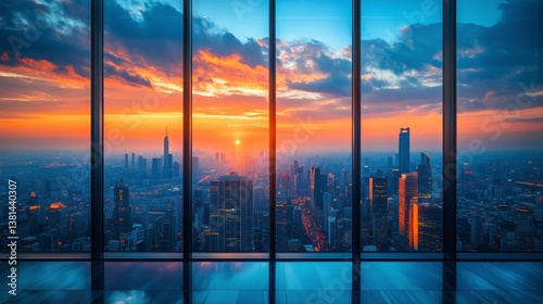 City Skyline Illuminated at Twilight With Orange and Blue Hues Reflecting off...