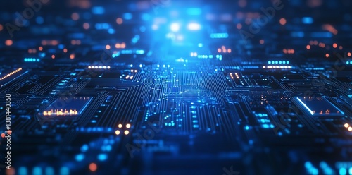 Abstract Digital Technology Circuit Board with Neon Blue Light and Communication Concept