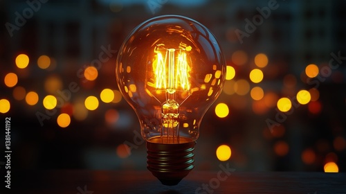 Vintage Light Bulb Illuminates Cozy Cafe Atmosphere During Evening Hours in U...