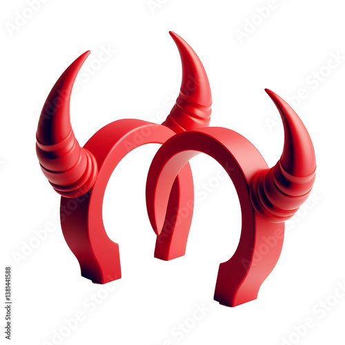 3D Halloween red devil horns. Cutout satan character horns design element isolated on white background