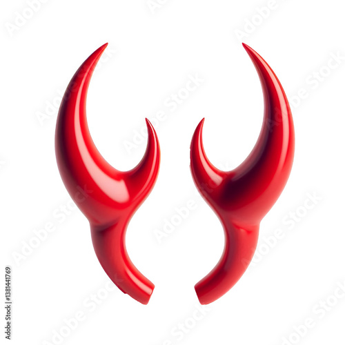 3D Halloween red devil horns. Cutout satan character horns design element isolated on white background