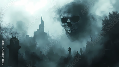 Grim specter with a skull face, floating in a foggy cemetery, eerie and haunting atmosphere, skull grim specter. Lurking Emptiness. Illustration
