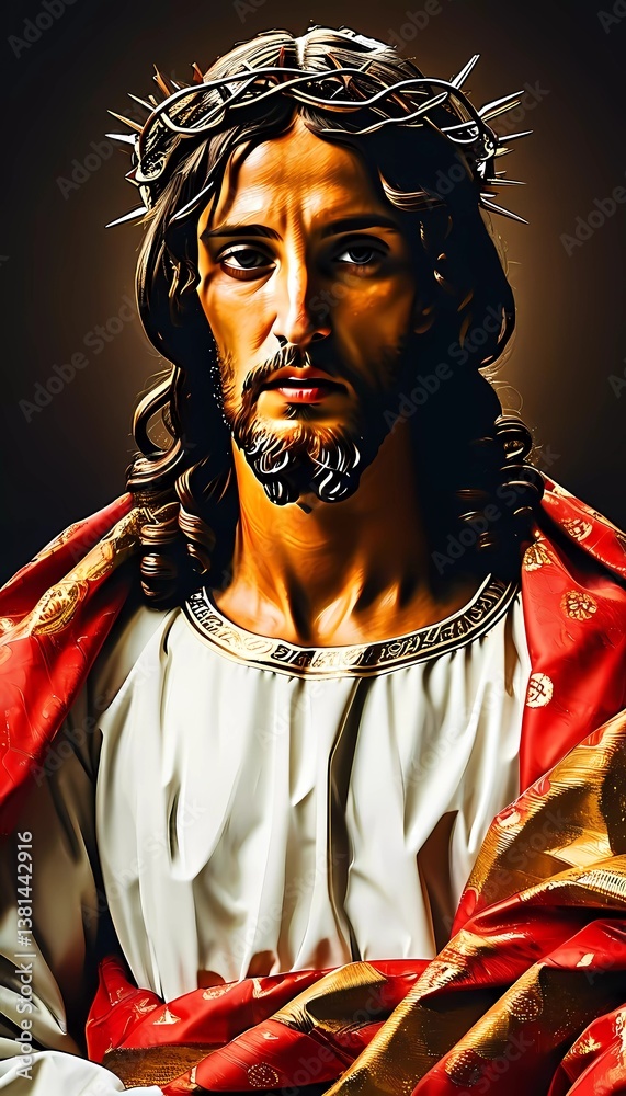 Obraz premium A serene portrayal captures Jesus Christ with a crown of thorns, radiating compassion amidst a backdrop of ethereal light, embodying the essence of faith and strength Generative AI