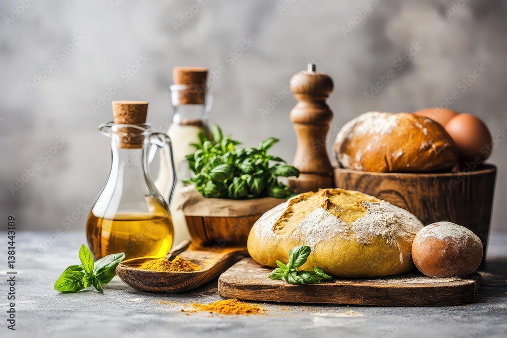Freshly baked bread, spices, and eggs arranged on a rustic kitchen counter with herbs Freshly baked bread, spices, and eggs arranged on a rustic kitchen counter with herbs