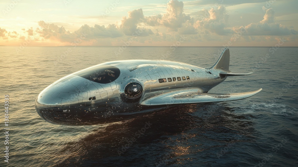 Futuristic Aircraft Soaring Over Tranquil Ocean at Sunset Futuristic Aircraft Soaring Over Tranquil Ocean at Sunset