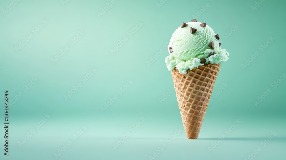 An inviting mint chocolate chip ice cream cone showcasing the blend of minty freshness and rich chocolate that delights ice cream lovers everywhere.