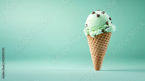 Obraz na płótnie An inviting mint chocolate chip ice cream cone showcasing the blend of minty freshness and rich chocolate that delights ice cream lovers everywhere. w salonie