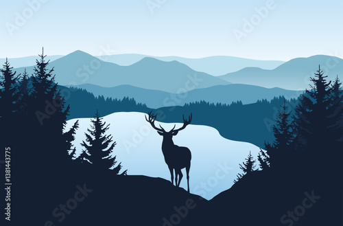 Landscape with blue mountains, forest, lake and silhouettes of trees and wild deer - vector illustration	