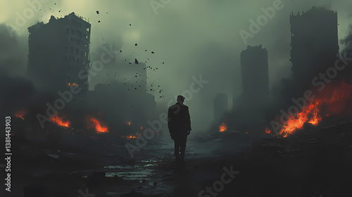 Souls drift through desolate landscape filled ruined cities and fire. shadows lurk blocking paths salvation in chaotic purgatory setting. Lurking Emptiness. Illustration