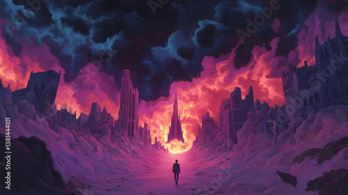 Souls drift through desolate landscape filled ruined cities and fire. shadows lurk blocking paths salvation in chaotic purgatory setting. Lurking Emptiness. Illustration