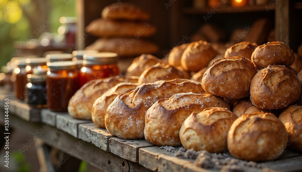Freshly Baked Bread Displayed on Rustic Table with Jars Freshly Baked Bread Displayed on Rustic Table with Jars